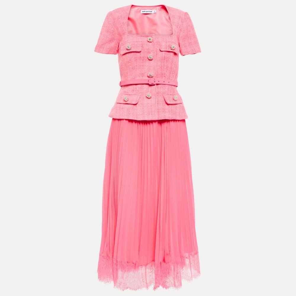 Self Portrait embellished lace-trimmed pleated chiffon and bouclé midi dress